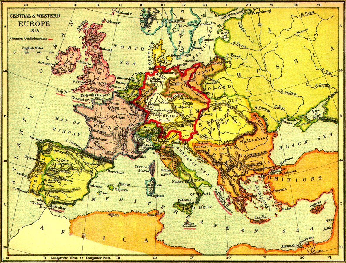 map of Central/Western Europe 1815 with Germany in red outline
